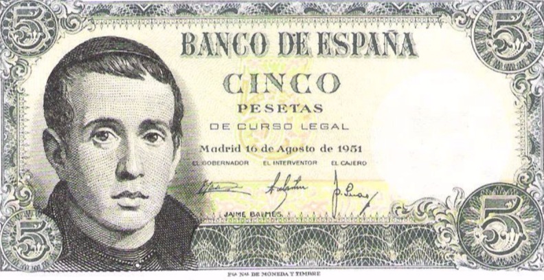 Billete de 5ptas con la efigie de Balmes.